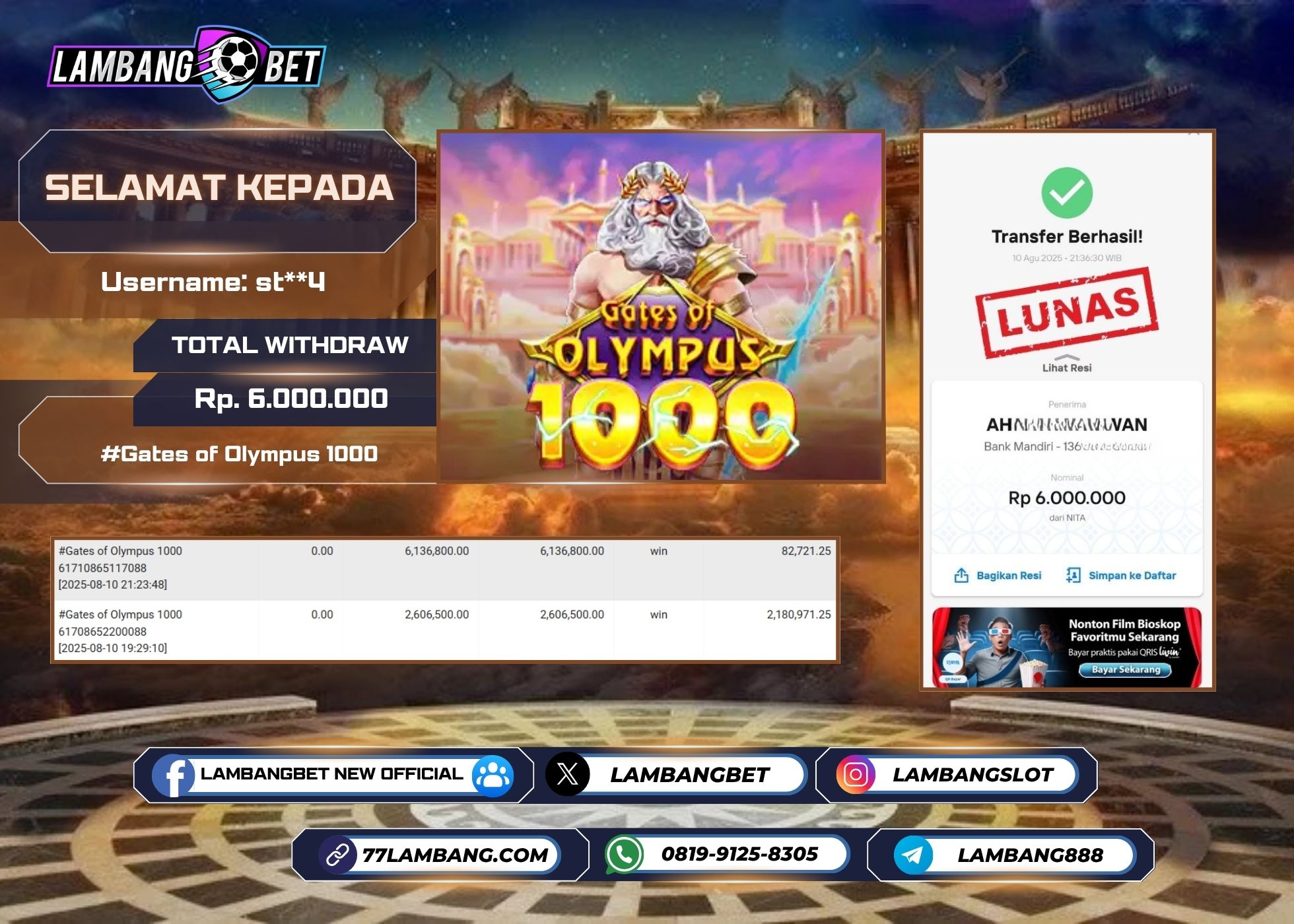 LAMBANGBET [10 AUGUST 2025] JACKPOT SLOT Gates of Olympus 1000 "Rp6.000.000" LUNAS